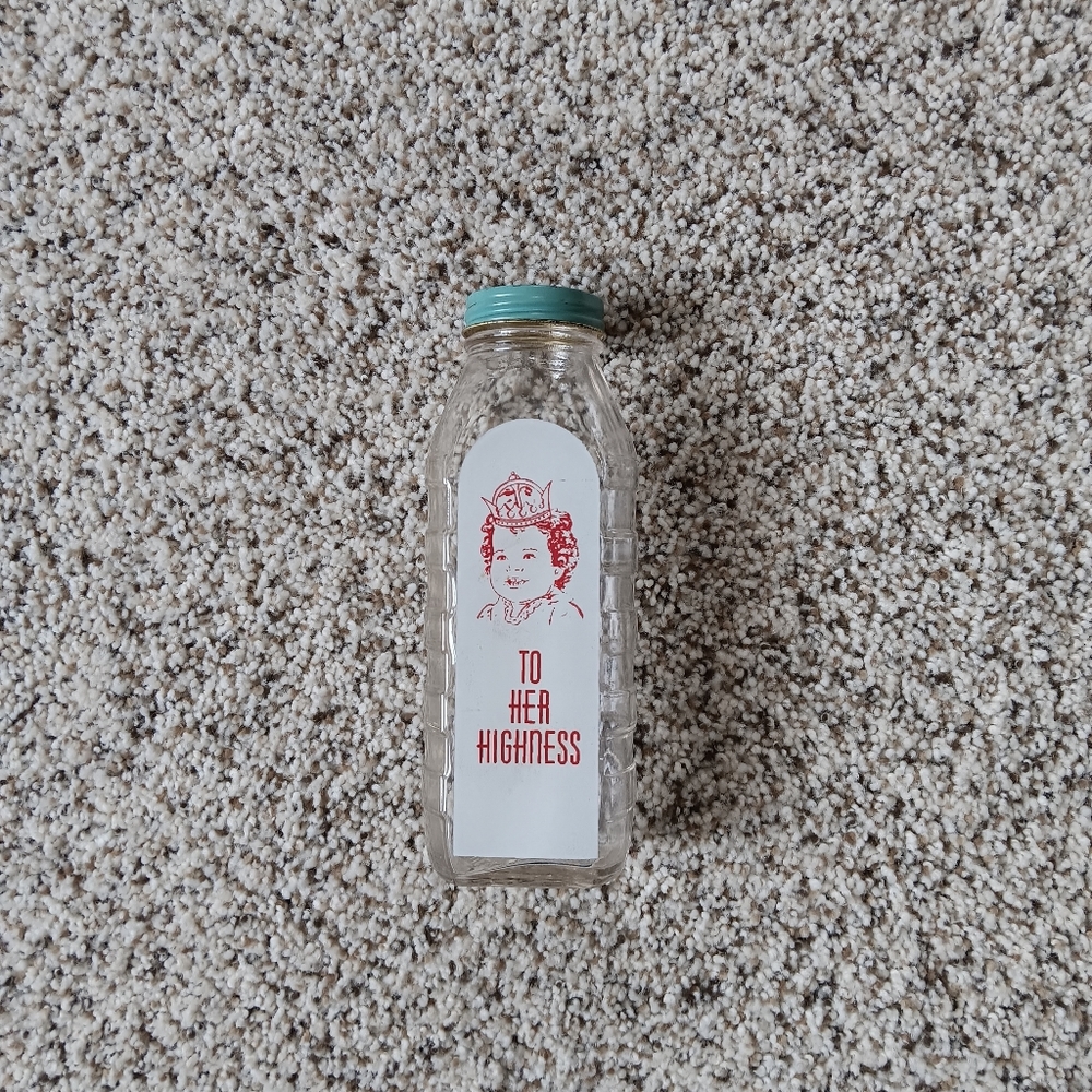 VTG Samuel Callet To Her Highness 8 Oz Litho Glass Baby Bottle W/ Bank Lid